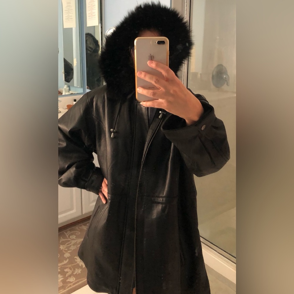Leather Coat worn 1x! With removable faux fur hood and removable lining. Great!!